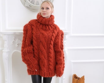 Pull Mohair 10 mèches, Pull col roulé en mohair Chunky, Pull mohair en tricot de câble, Haut oversize au crochet, Pull Mohair