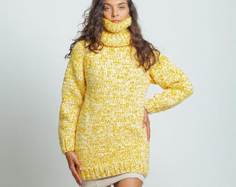 Ready to Ship XL Yellow White Chunky Wool Sweater, Oversized Turtleneck Pullover, Cozy Winter Sweater,Handmade Knit Jumper,Warm Fashion Gift