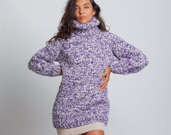 Purple White Chunky Knit Wool Sweater, Oversized Turtleneck Pullover, Cozy Winter Sweater, Handmade Knit Jumper, Warm Fashion by Molimarks