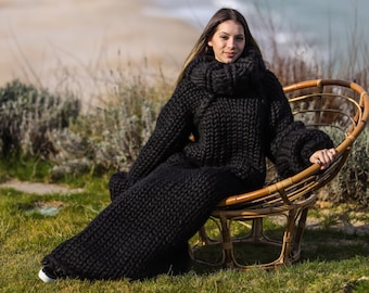 Huge black sweater dress available in plus sizes made of merino wool