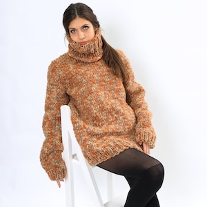 Melange Orange Natural Wool Sweater ,Turtleneck wool sweater, Melange hand knit cardigan, Oversize pullover,Molimarks 10250