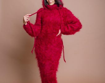 Ready to Ship XL Red Fluffy Hoodie Turtleneck Mohair Maxi Sweater Dress, Stylish Hoodie Dress, Warm Winter Floor Lenght Dress by Molimarks