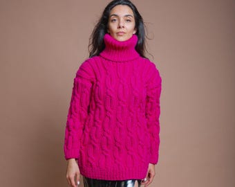 Handmade Hot Pink Cable Knit Turtleneck Sweater, Stylish Wool Pullover, Soft Cozy Chunky Knit Jumper, Gift for Her, Winter Knit by Molimarks