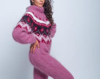 Ready to Ship S Pink Mohair Catsuit, Nordic Fair Isle Sweater, Zip Up Knit Catsuit, Handmade Mohair Jacket, Pink Nordic Bodysuit With Zipper