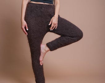 Ready to Ship Brown Mohair Pants, Fluffy Legwarmers, Fuzzy Leggings, Mohair Fetish, Plus Size Clothing, Handknit Trousers,Thick Mohair Pants