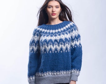 Suéter de lana nórdica azul, jersey de punto grueso Fair Isle, jersey de invierno acogedor, tejido de punto suave, suelto y cálido hecho a mano