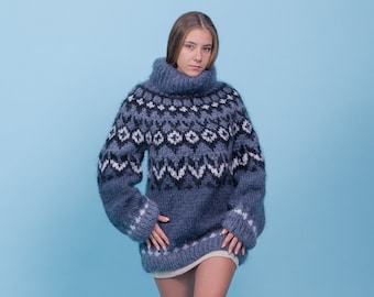 Mega Fluffy Mohair Nordic Sweater, Fluffy Nordic Jumper, Oversized Mohair Turtleneck, Lopapeysa Women Jumper, Fair Isle Sweater