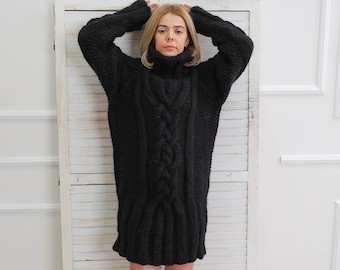 Black chunky turtleneck sweater, Oversize loose wool pullover, Warm winter knit cardigan, Long sleeve top