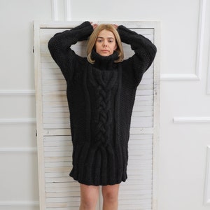 Black chunky turtleneck sweater, Oversize loose wool pullover, Warm winter knit cardigan, Long sleeve top