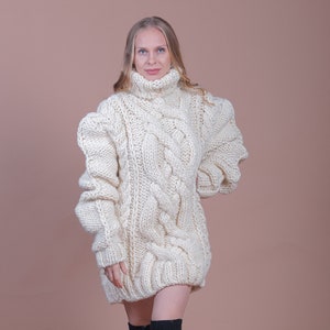 Cable Knit Sweater, Wool Turtleneck Sweater, Beige Oversize Pullover, Warm Winter Sweater, Women Loose Pullover, Wool Jumper, Comfy Sweater image 1