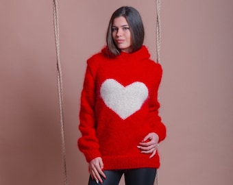 Valentine Shirt Gift for Her, Red Mohair Sweater, Warm Hooded Jumper, White Heart Sweater, Cozy Women Pullover, Valentine's Day Sweater