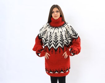 Red Nordic wool sweater ,Fire Isle Pattern Sweater ,Nordic turtleneck wool  sweater, Chunky oversize pullover, Islandic  cardigan , 12_01