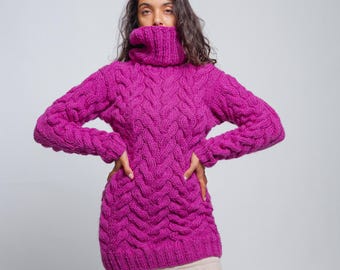 Magenta Wool Sweater, Chunky Knit Turtleneck, Oversized Cable Knit Pullover, Handmade Wool Jumper,Cozy Winter Sweater,Fuchsia Soft Wool Knit