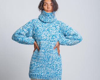 Ready to Ship XL Blue White Chunky Wool Sweater, Oversized Turtleneck Pullover, Cozy Winter Sweater, Handmade Knit Jumper, Warm Fashion Gift