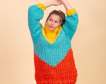 Chunky Merino Wool Sweater, Color Block Turtleneck, Oversized Hand Knit Pullover, Colorful Winter Sweater by Molimarks