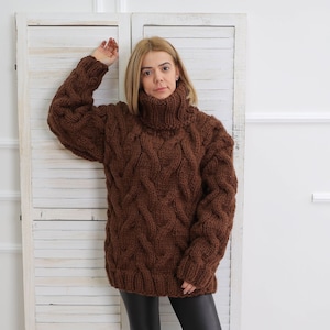 Turtleneck wool sweater, Brown chunky jumper, Knit pullover, Thick winter top,Wool Sweater