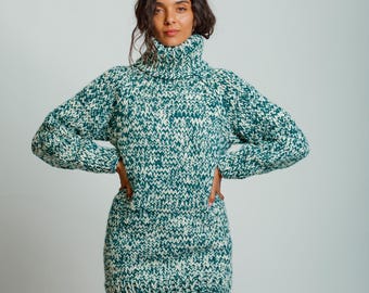 Green White Chunky Knit Wool Sweater, Oversized Turtleneck Pullover, Cozy Winter Sweater, Handmade Knit Jumper, Warm Fashion by Molimarks