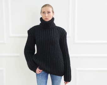 Black Knit Wool Sweater ,Warm turtleneck wool sweater, Black hand knit cardigan, Long sleeve oversize pullover, Wool knit  winter top