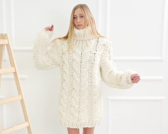 Super Chunky Sweater White Wool Pullover Giant Turtleneck - Etsy