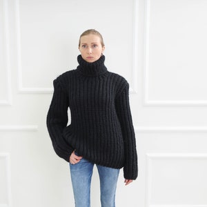 Black Knit Wool Sweater ,Warm turtleneck wool sweater, Black hand knit cardigan, Long sleeve oversize pullover, Wool knit  winter top