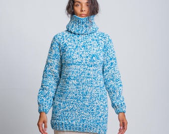 Blue White Wool Chunky Knit Sweater, Oversized Turtleneck Pullover, Cozy Winter Sweater,Handmade Knit Jumper, Warm Fashion Gift by Molimarks