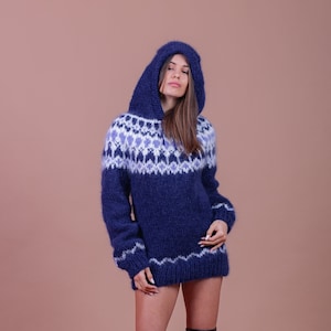 Hooded Knit Sweater, Women Mohair Sweater, Fair Isle Hoodie, Loose Knit Jumper, Nordic Sweater, Blue Hoodie Jumper, Cozy Icelandic Pullover