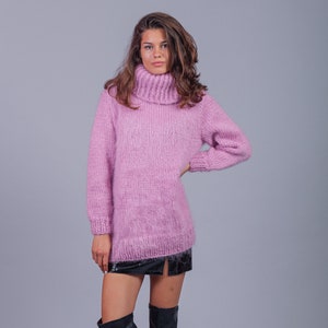 XL Ready to Ship, Handmade Warm Jumper, Pink Fuzzy Unisex Mohair Sweater, Fluffy Mohair Turtleneck, Pink Bohemian Knitted Clothing 93_26_13