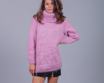 Suéter de mohair unisex rosa mullido, jersey cálido hecho a mano, listo para enviar, cuello alto de mohair mullido, ropa de punto bohemia rosa 93_26_13
