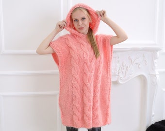 Hoodie Pink  Mohair Sweater ,Chunky  mohair hoodie  sweater, Cable knit mohair pullover, Crochet oversize top , Mohair Vest ,10308