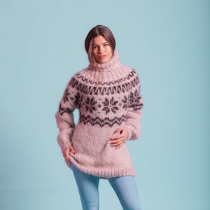 Pull nordique en mohair, pull en laine pour femme, pull rose en tricot jacquard, vêtements grande taille, pull islandais traditionnel, pull à col roulé