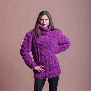 Fluffy Velvet Sweater, Handknit Merino Turtleneck Jumper, Chunky Women Pullover, Comfy Purple Sweater, Warm Wool Jumper, Sustainable Fashion