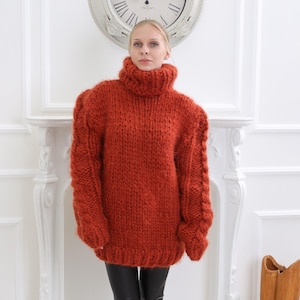 10 strands Mohair Red Sweater ,Chunky  Mohair Turtleneck Jumper, Cable Knit Mohair Pullover, Crochet Oversize Top, Warm Mohair Sweater