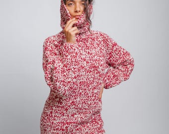 Red White Chunky Knit Wool Sweater, Oversized Turtleneck Pullover, Cozy Winter Sweater, Handmade Knit Jumper, Warm Fashion Gift by Molimarks