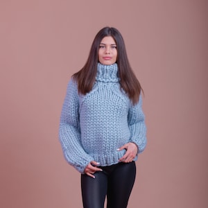 Blue Sweater, Merino Wool Jumper, Turtleneck Pullover, Women Jumper, Loose Knitwear, Cozy Woolen Sweater, Chunky Wool Sweater, Comfy Jumper