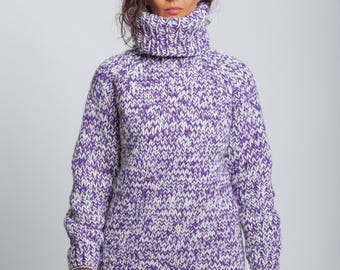 Ready to Ship XL Purple White Chunky Knit Wool Sweater, Oversized Turtleneck Pullover, Cozy Winter Sweater, Handmade Jumper, Warm Fashion