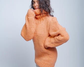 New Handmade Chunky Warm Peach Color Wool Sweater, Turtleneck Premium Wool Jumper,Unisex Lightweight Sweet Peach Color Pullover by Molimarks