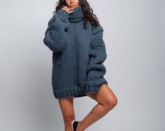 5 Strands Gray Wool Turtleneck Sweater, Chunky Pullover Long Sleeves, Huge Turtleneck Jumper, Winter Knit Pullover by Molimarks