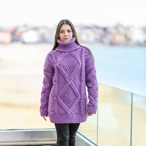 Purple Jumper, Cable Knit Sweater, Wool Turtleneck Sweater, Chunky Knit Pullover, Plus Size Clothing, Cozy Women Jumper, Comfy Sweater