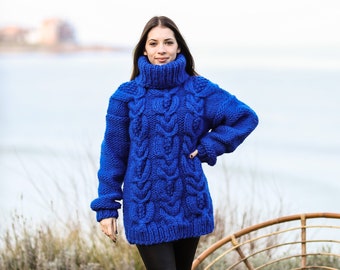 Royal Blue Knit Sweater, Wool Pullover, Giant Turtleneck Sweater, Oversized Blue Pullover, Long Sweater, Cable Knit Sweater, Plus Size