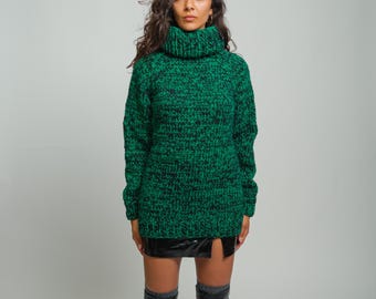 Ready to Ship M Green Black Chunky Wool Sweater, Oversized Turtleneck Pullover, Cozy Winter Sweater, Handmade Knit Jumper, Warm Fashion Gift