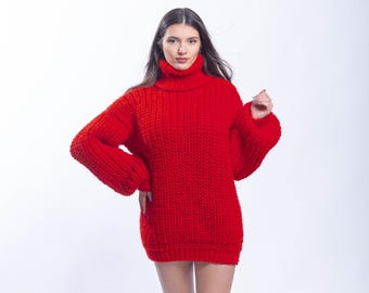 Red Natural Wool Sweater, Red Wool Handmade Pullover, Oversize Knit Cardigan, Long Sleeve Jumper, Chunky Warm Unisex Pullover by Molimarks