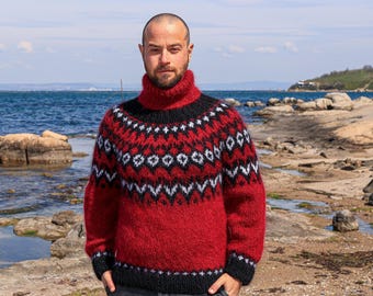 Icelandic Bordo Mohair Jumper, Nordic Mohair Sweater, Mens Cozy Pullover,Boyfriend Gift, Plus Size Clothing,Warm  Clothes,Oversized Pullover