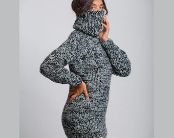 Ready to Ship L Gray Black Chunky Knit Wool Sweater, Oversized Turtleneck Pullover, Cozy Winter Sweater,Handmade Knit Jumper, Warm Fashion