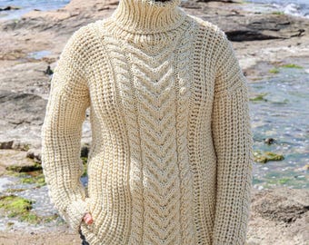 Ready to Ship XL Wool Cable Knit Ivory Sweater, Winter Man Clothing, Giant Turtleneck Pullover,Warm Wool Ski Resort Blouse,Oversized Sweater
