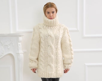 Hand Knitted Wool Turtleneck Sweater, Beige oversize fluffy pullover, Chunky warm winter cardigan