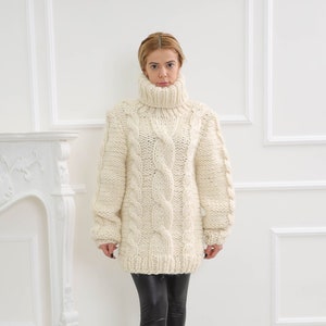Hand Knitted Wool Turtleneck Sweater, Beige oversize fluffy pullover, Chunky warm winter cardigan