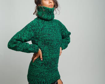Green Black Chunky Knit Wool Sweater, Oversized Turtleneck Pullover, Cozy Winter Sweater, Handmade Knit Jumper, Warm Fashion by Molimarks