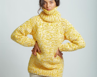 Yellow White Chunky Knit Wool Sweater, Oversized Turtleneck Pullover, Cozy Winter Sweater, Handmade Knit Jumper, Warm Fashion by Molimarks
