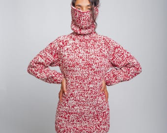 Ready to Ship 2XL Red White Chunky Wool Sweater, Oversized Turtleneck Pullover, Cozy Winter Sweater, Handmade Knit Jumper, Warm Fashion Gift
