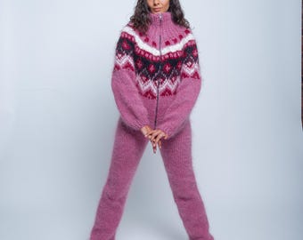 Pink Mohair Catsuit, Nordic Fair Isle Sweater, Zip Up Knit Catsuit, Handmade Mohair Jacket, Pink Nordic Bodysuit With Zipper,Winter Knitwear